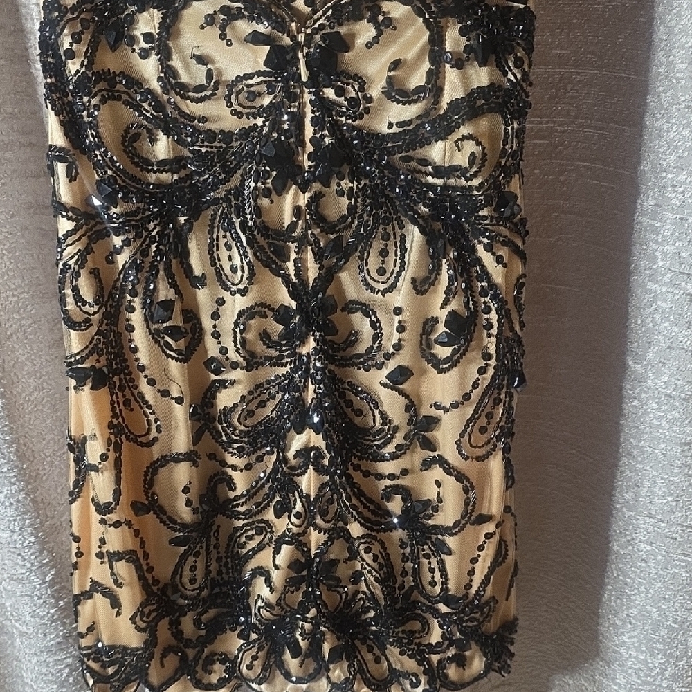 Jovani Black Beaded Embroidered V-Neck Mini Dress on Nude - Picture 5 of 7